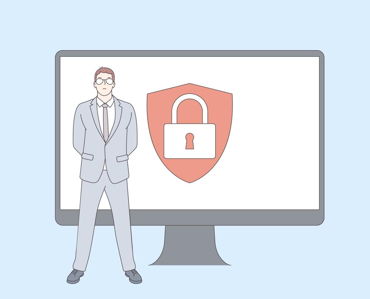 Cyber security, data protection, cyberattacks concept. Personal digital security. Defence, protection from hackers, scammers flat vector illustration.