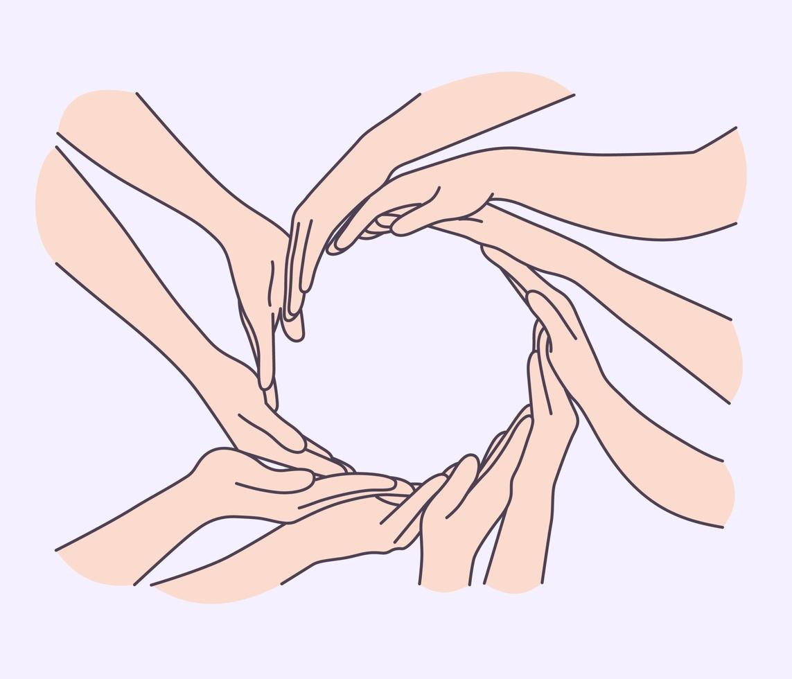 manos diversa unidad concepto de unión. símbolo conceptual de manos humanas multirraciales haciendo un círculo vector