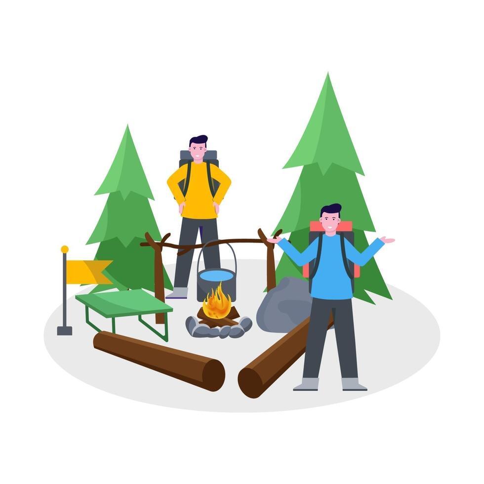 Flat vector illustration of mountain climber camping with his partner