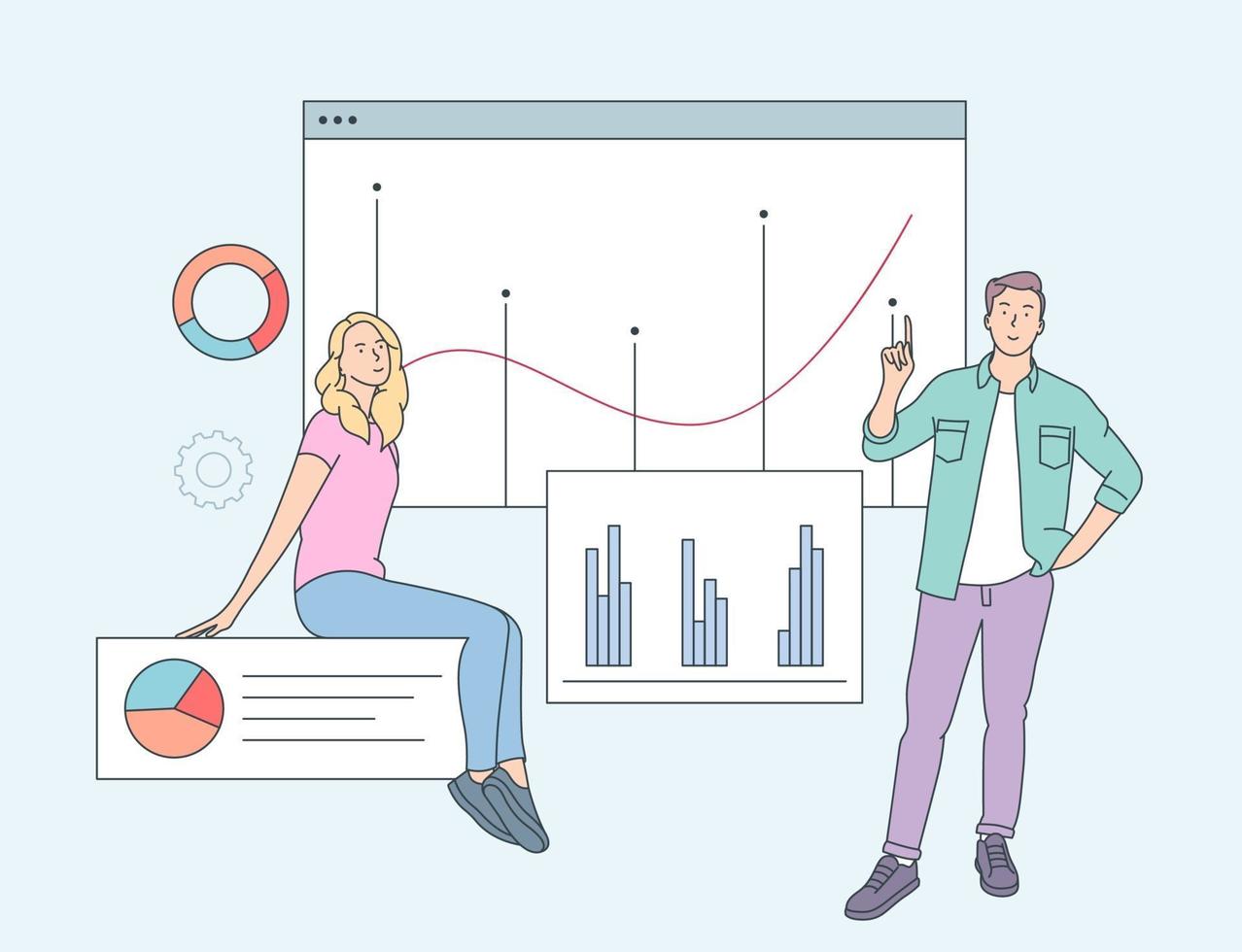 Data analysis concept. People business partners workers analysing financial data and marketing information statistics. Flat vector illustration