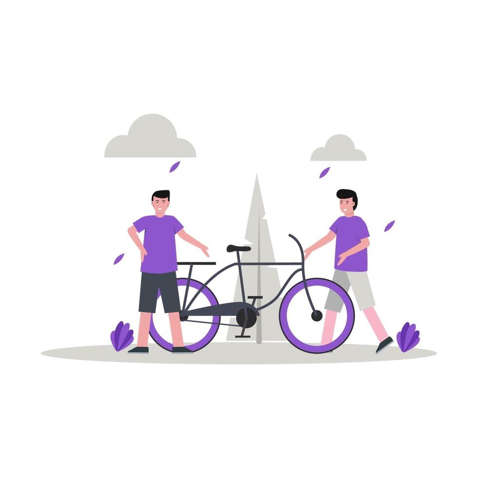 Flat vector illustration of someone riding a bike in the park with a friend