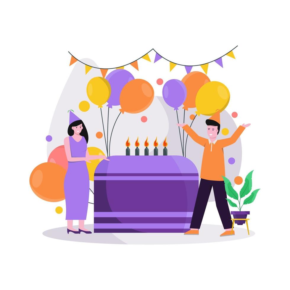 Flat vector illustration of festive birthday celebration with balloons and gifts