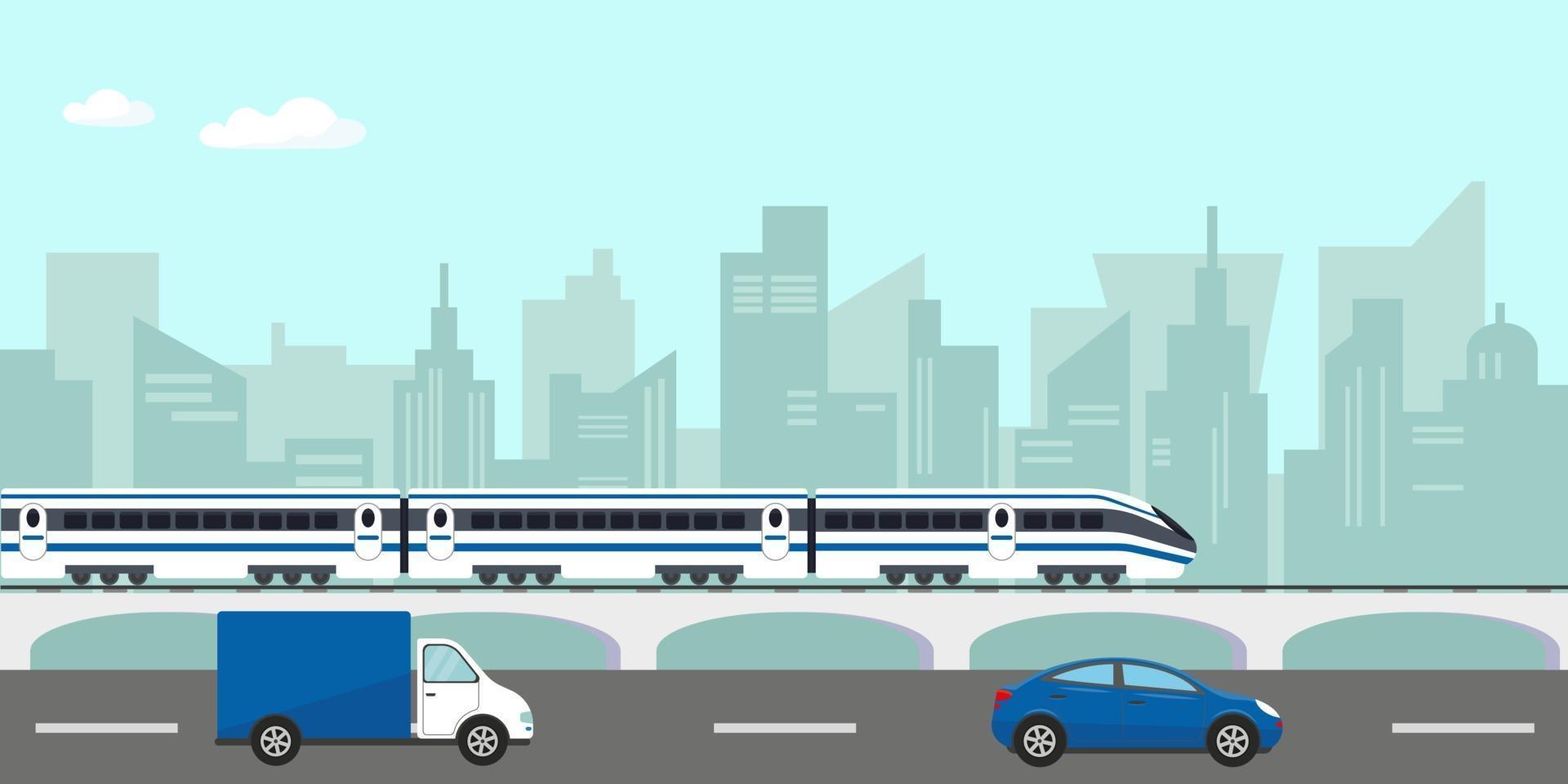 Urban landscape with buildings and  passenger high speed train on bridge and car on the road in city vector