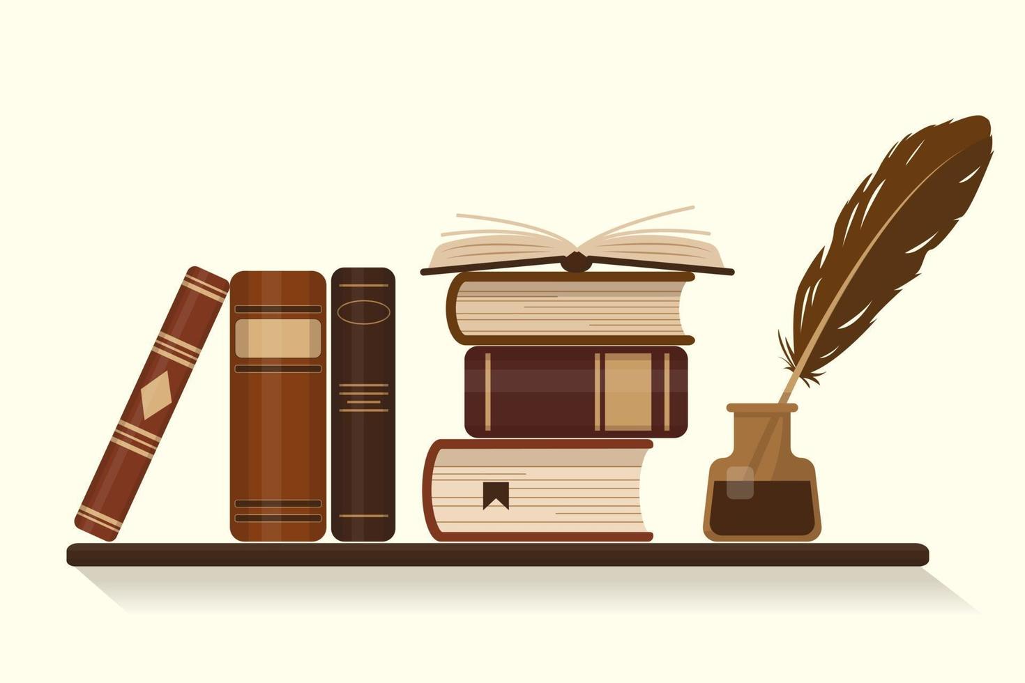 Bookshelf with old or historical brown books and inkwell with goose feather vector