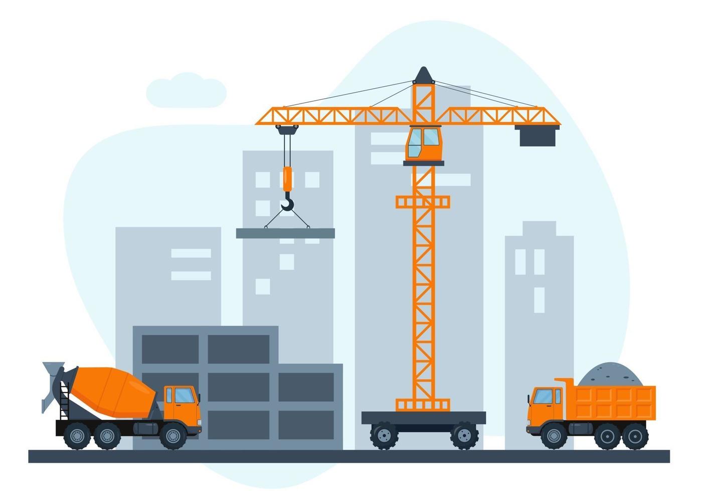 Construction site with crane and heavy construction equipment vector