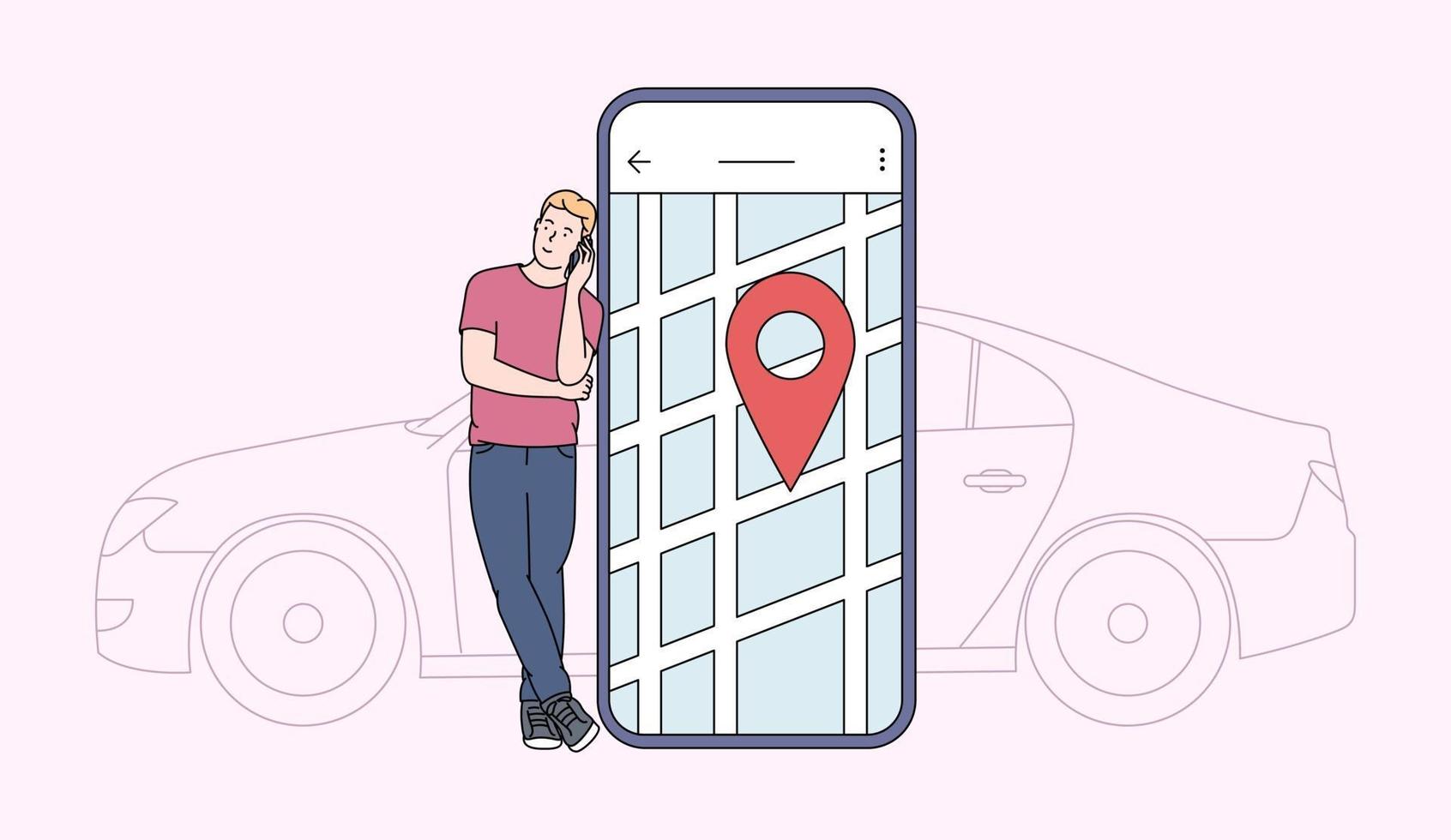 Car sharing and online application concept. Young man near smartphone screen with route and location point on a city map with car background. Flat vector illustration