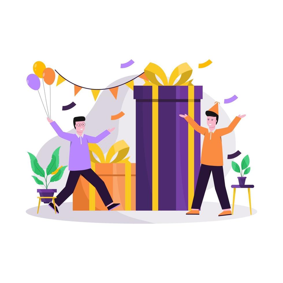 Ilustración de vector plano de celebración festiva de cumpleaños con globos y regalos