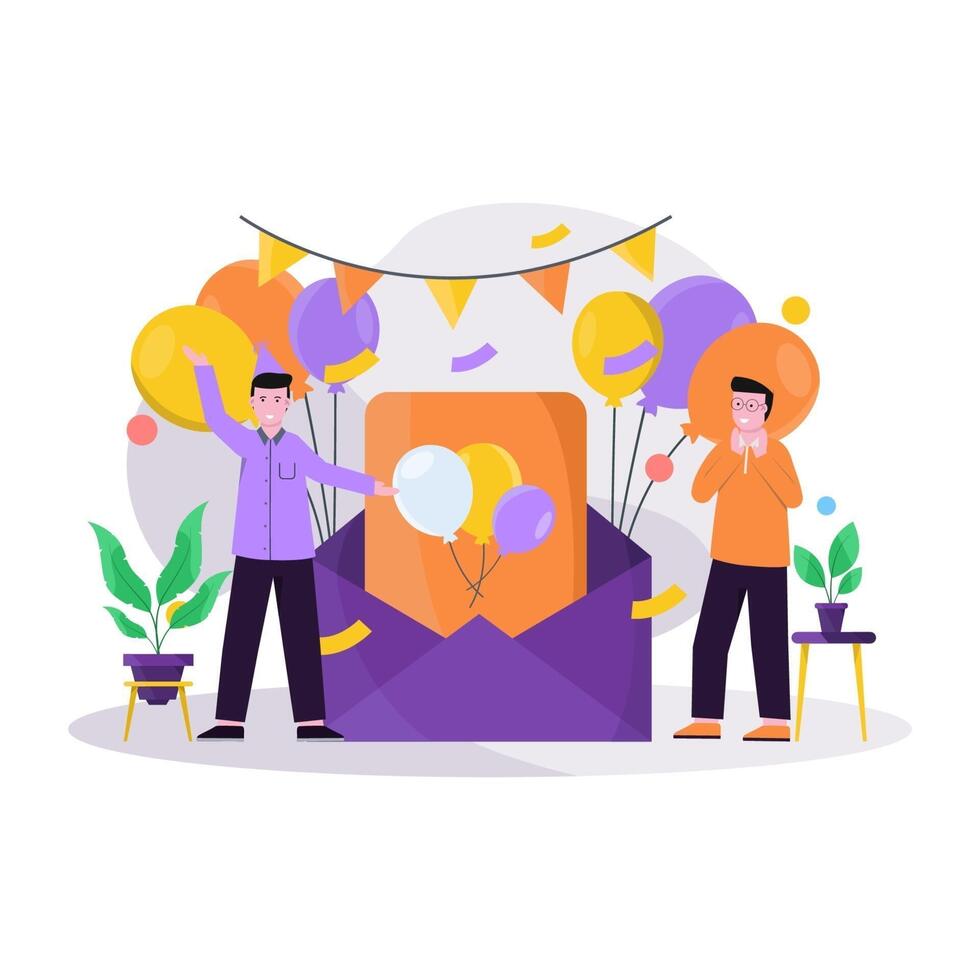 Flat vector illustration of festive birthday celebration with balloons and gifts
