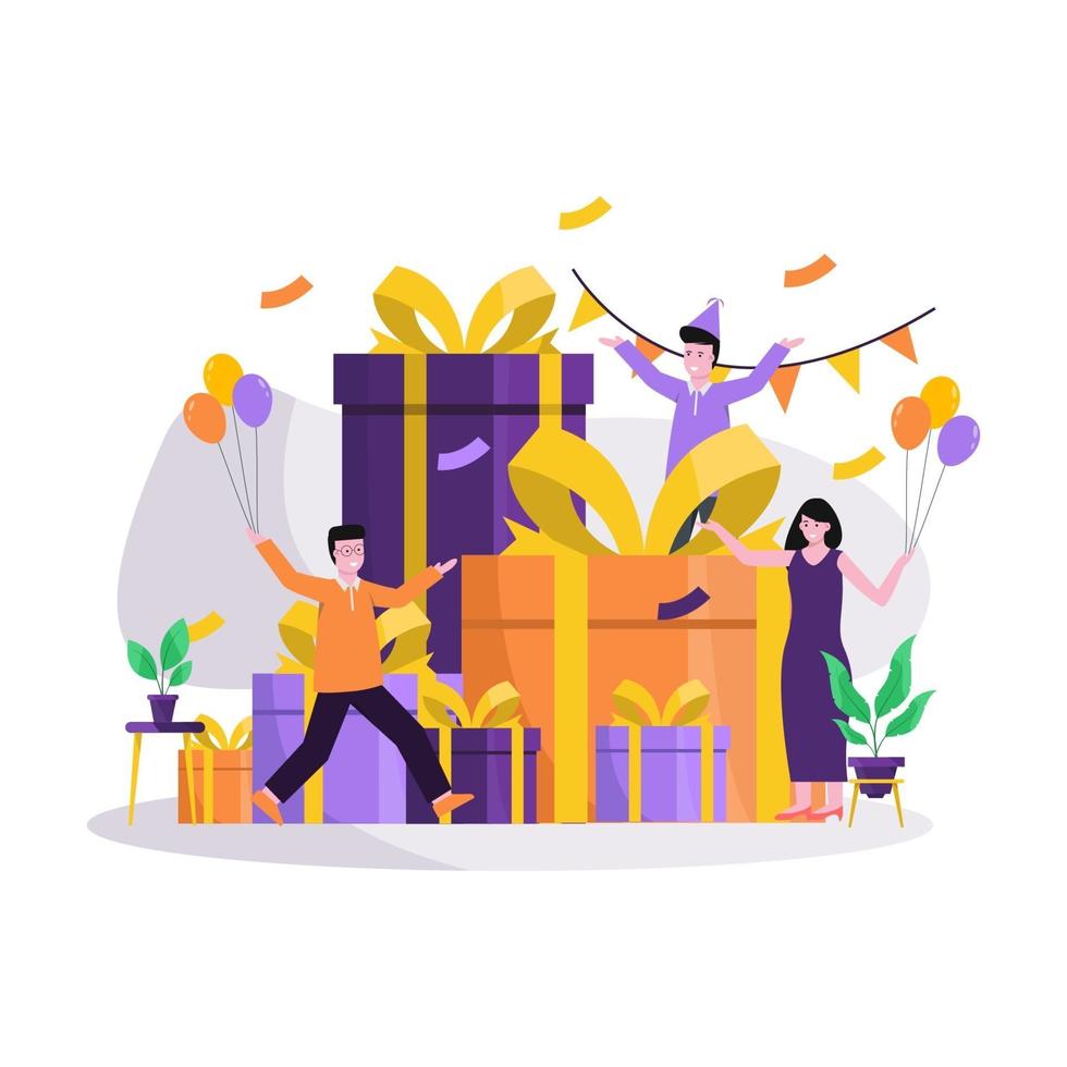 Flat vector illustration of festive birthday celebration with balloons and gifts