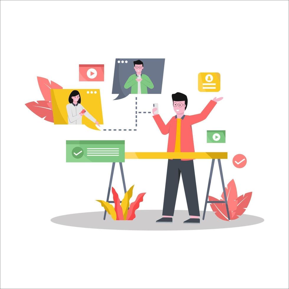Flat vector illustration of online meetings via electronic device