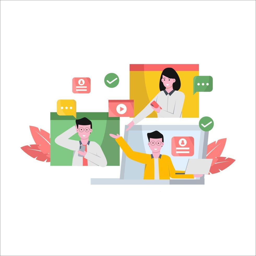Flat vector illustration of online meetings via electronic device
