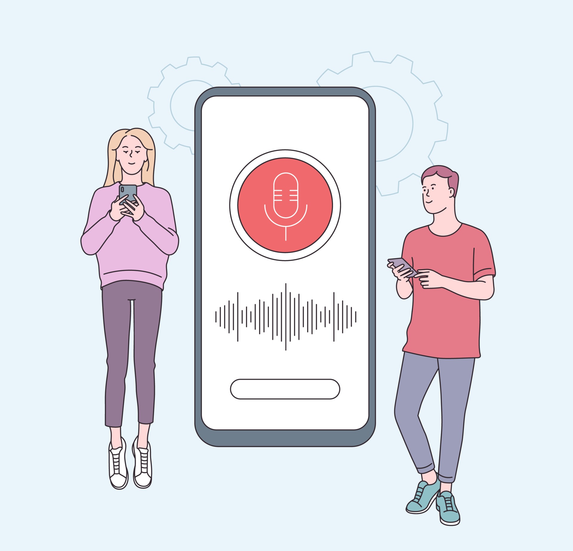 Smart speaker, voice assistant concept with characters. Young people