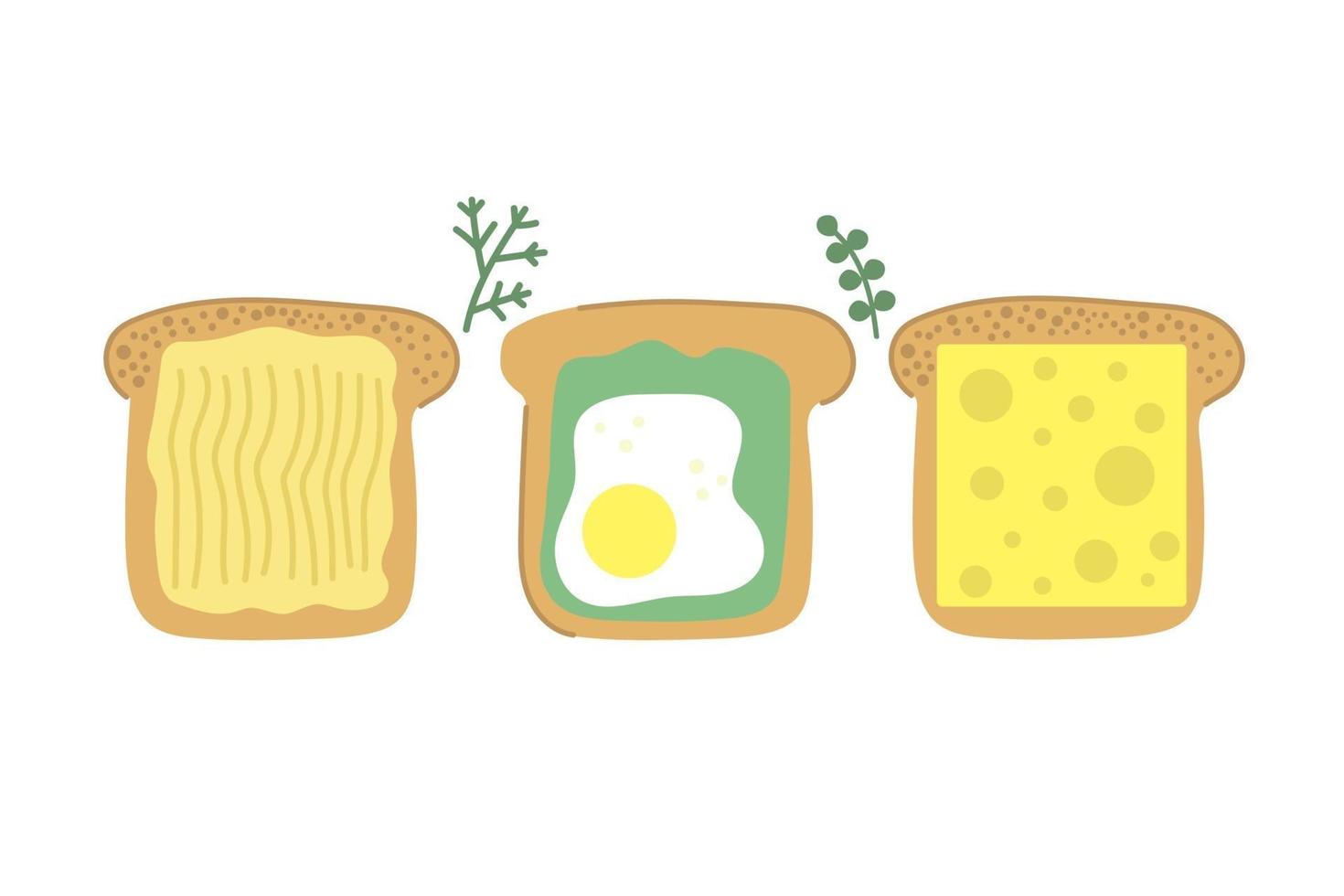 Dibujado a mano rebanada de pan sabroso pan tostado con mantequilla huevo frito aguacate y queso moderno concepto de desayuno de ilustración plana vector