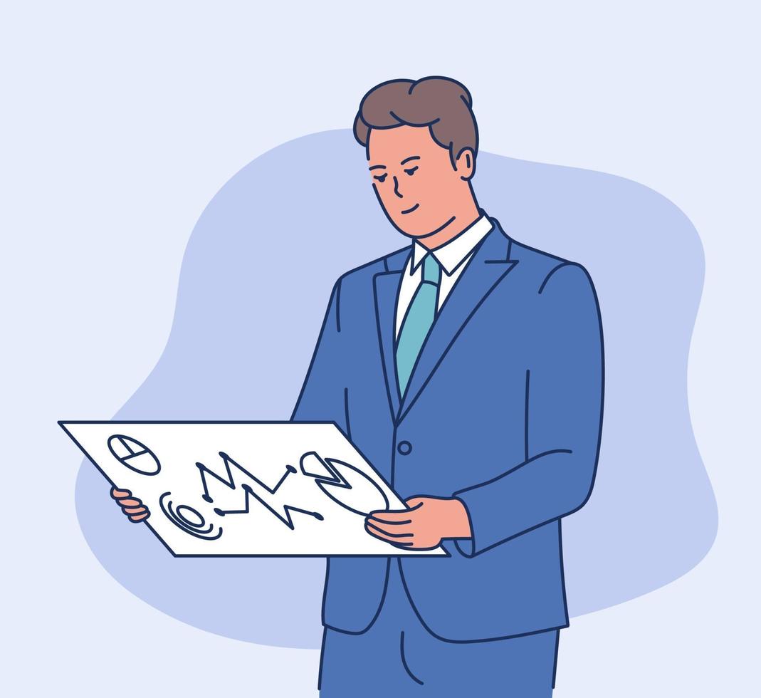 Data information business concept. Young Smart business man analyzing data information on screen. Flat vector illustration