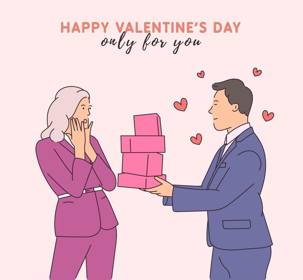 Love, dating, romance, relationship, togetherness, couple concept. Handsome young happy man cartoon character giving gifts to shocked woman. Modern line style illustration vector