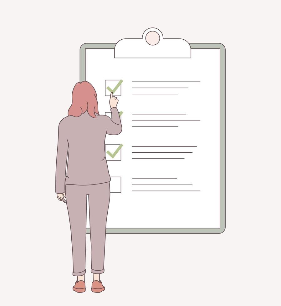 Planning Schedule, done job, checklist concept. Woman employees marking complete tasks on check list. Work task management. Flat vector illustration