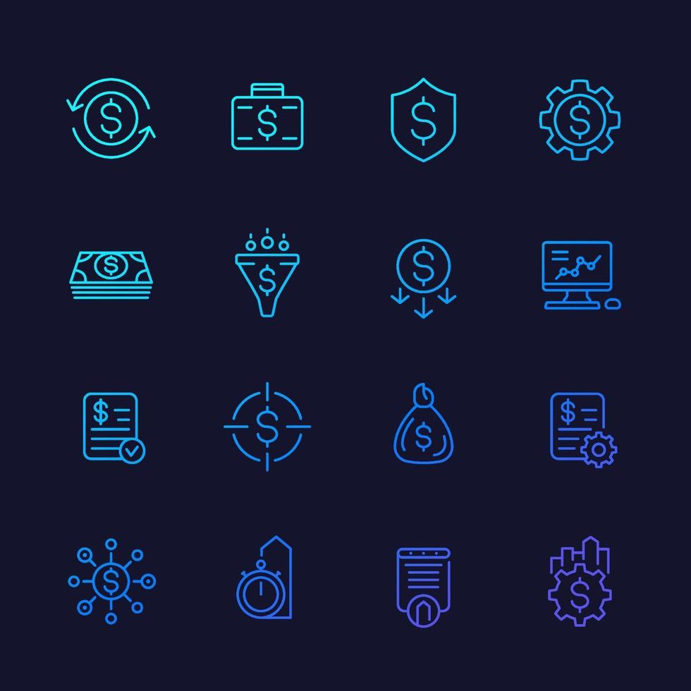 finance, financial and money management, costs optimization line icons set vector