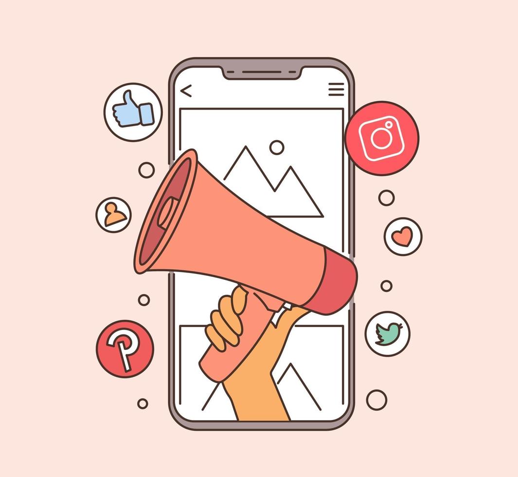 Mobile marketing and digital marketing concept. hand holding megaphone coming out from smartphone. vector