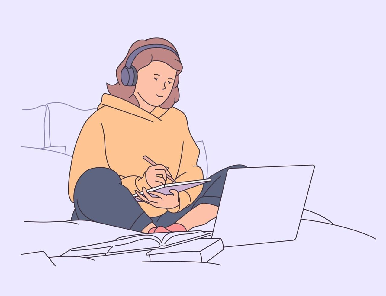 educación, estudio, concepto de aprendizaje. chica estudiando en la cama con laptop y libros. vector