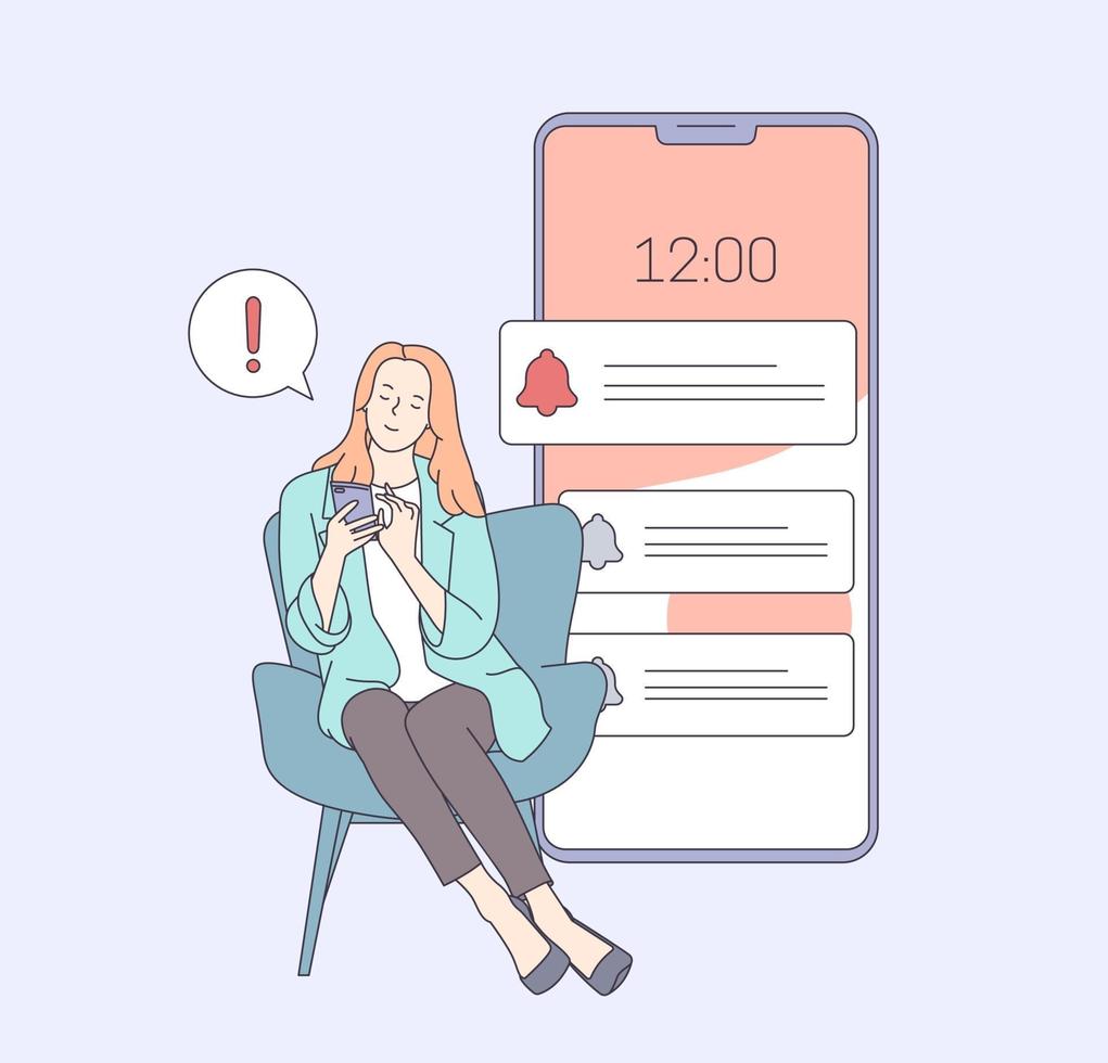 Woman overwhelmed by internet notifications concept. Woman planning day scheduling appointment in phone application. Flat vector illustration.