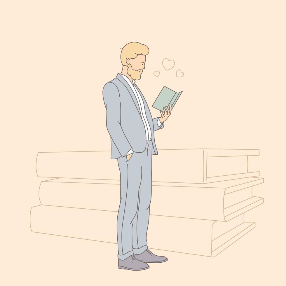 Intellectual hobby, book lovers, students learning and preparing for exams outline concept. Cheerful man can't stop reading his favourite book. vector