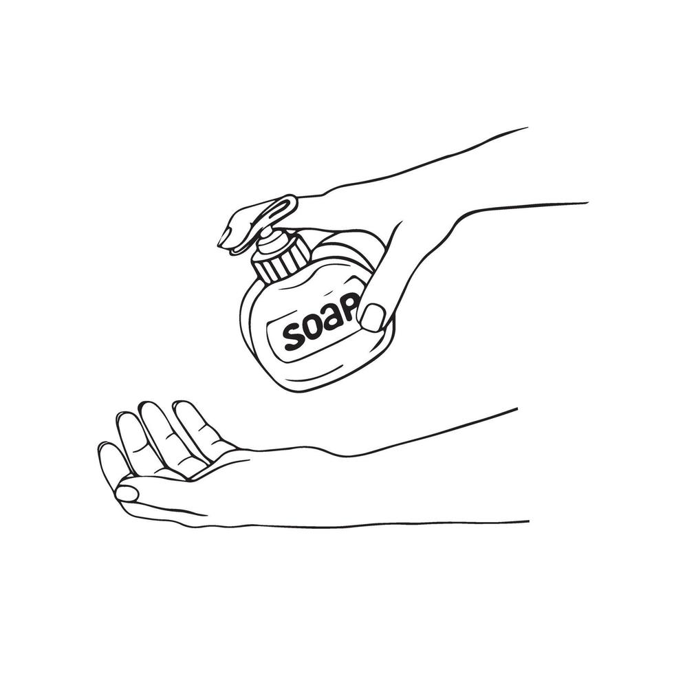 Disinfection of hands. Hand-drawn vector illustration . alcohol gel bottle for cleaning and disinfection. Hand press disinfectant. Vector illustration