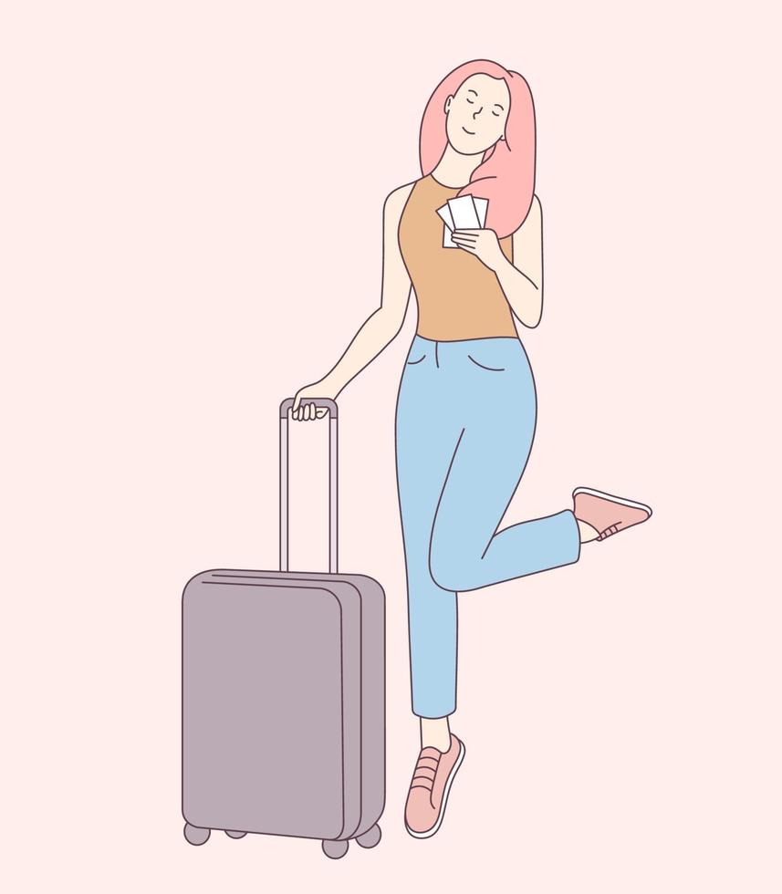 concepto de viaje de vacaciones o de negocios. mujer joven sonriente como viajero traer bolsa de equipaje. viajar al extranjero en vacaciones estilo de vida de aventura vector