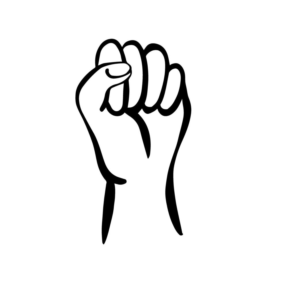 The hand in the fist is raised up, isolated on a white background. The fist is a symbol of feminism, protest, and rebellion. Hand drawn vector illustration in Doodle style. Vector illustration