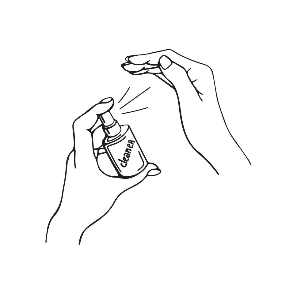 Disinfection of hands. Hand-drawn vector illustration . alcohol gel bottle for cleaning and disinfection. Hand press disinfectant. Vector illustration