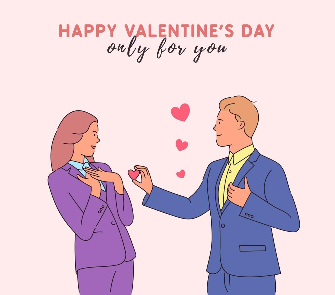 Love, valentines day concept. Young enamored man giving heart-shaped card to shocked woman. Modern line style illustration vector