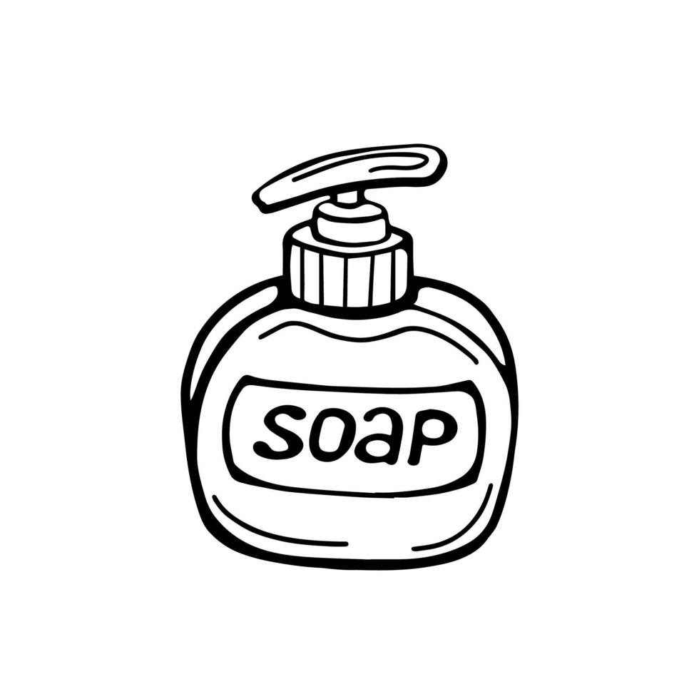 hand-drawn packaging with liquid soap, isolated on a white background. Vector illustration in the Doodle style. Natural soap, toiletries.Design for printing, advertising, posters, catalogs