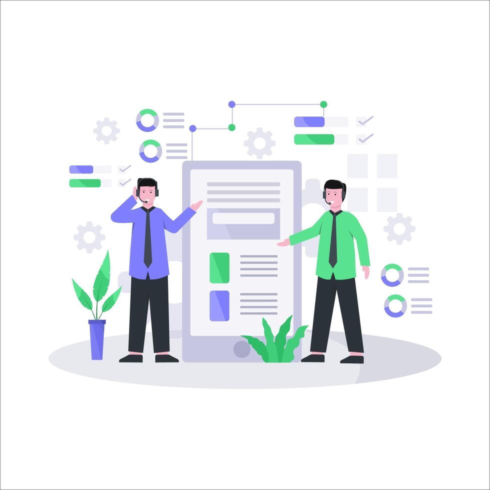 Flat vector illustration of customer service concept via telephone and live chat