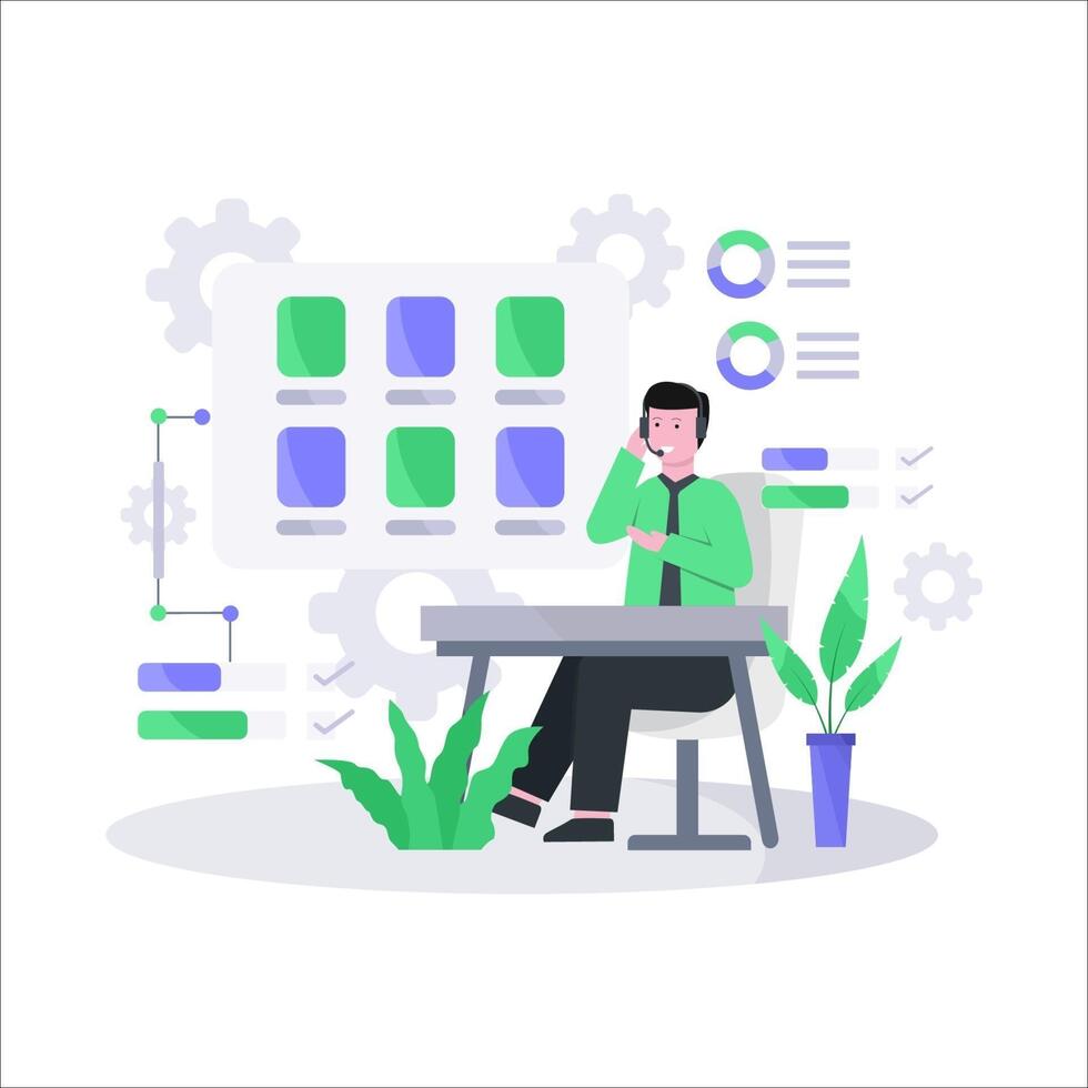 Flat vector illustration of customer service concept via telephone and live chat