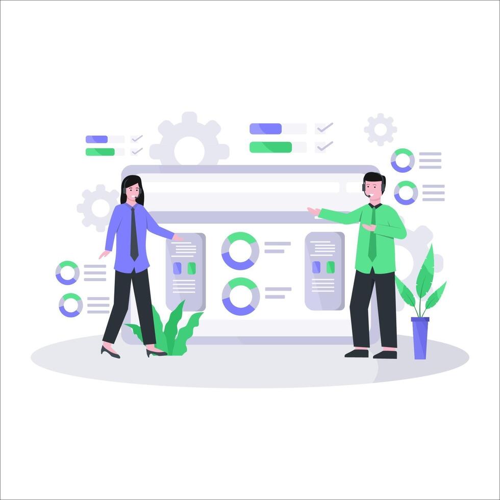 Flat vector illustration of customer service concept via telephone and live chat