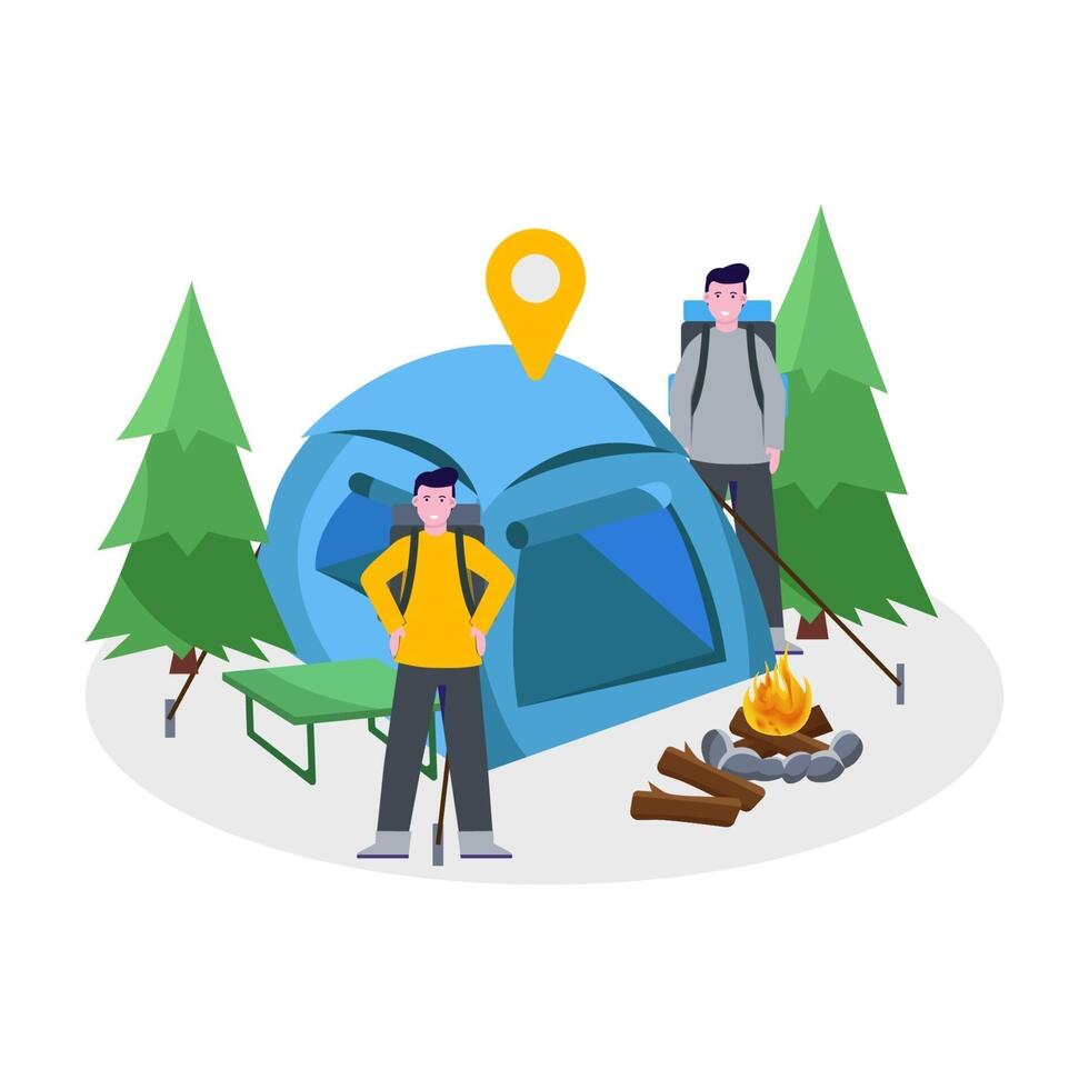 Flat vector illustration of mountain climber camping with his partner
