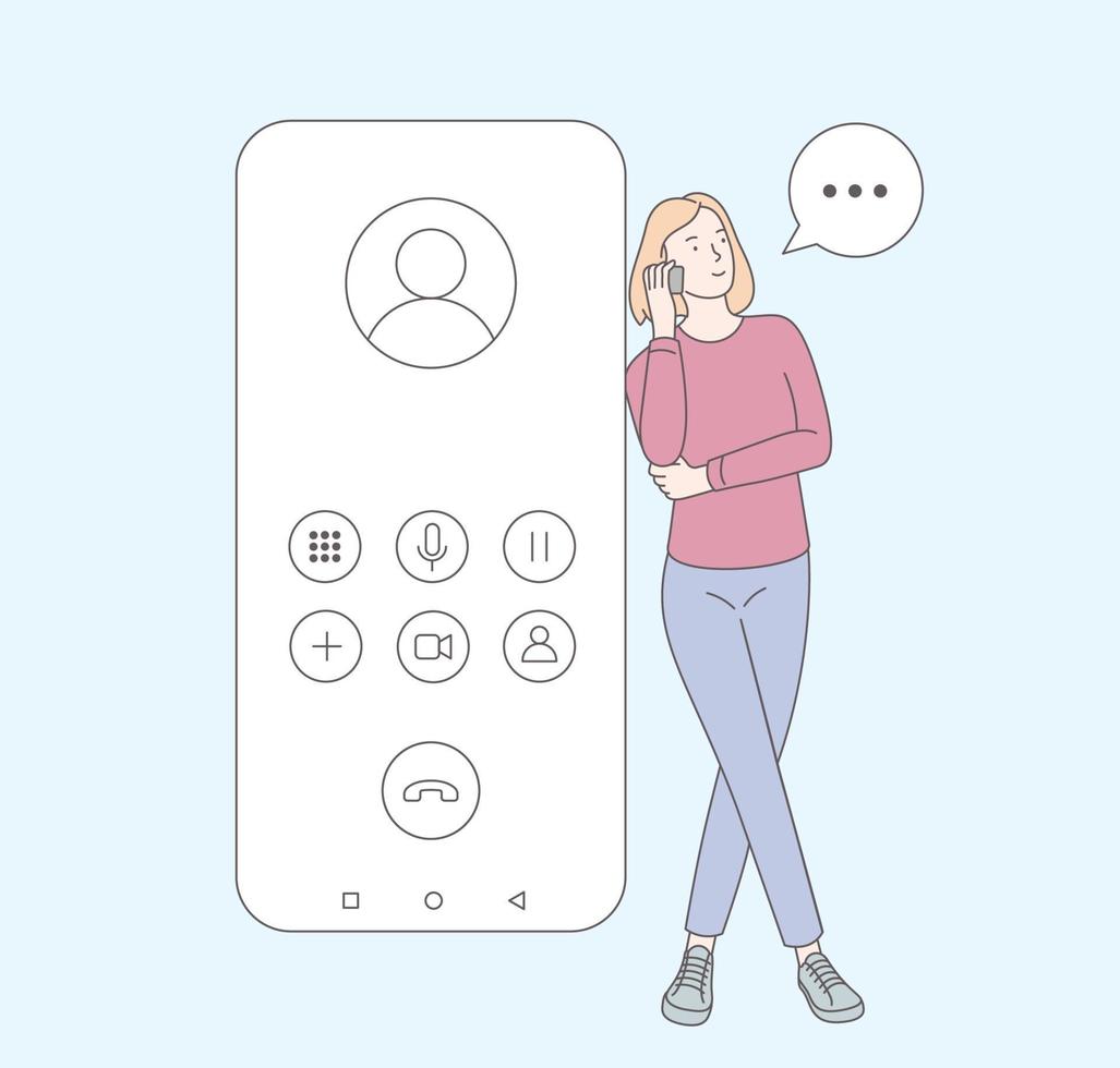 comunicación y conversación con el concepto de teléfono inteligente. mujer chica hablando por teléfono. mujeres, adolescente llamando por teléfono. ilustración vectorial plana vector