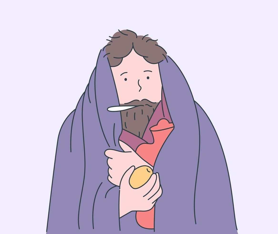 Health, care, desease, cold, medicine concept. Sick man in warm clothes with thermometer, holds lemon vector