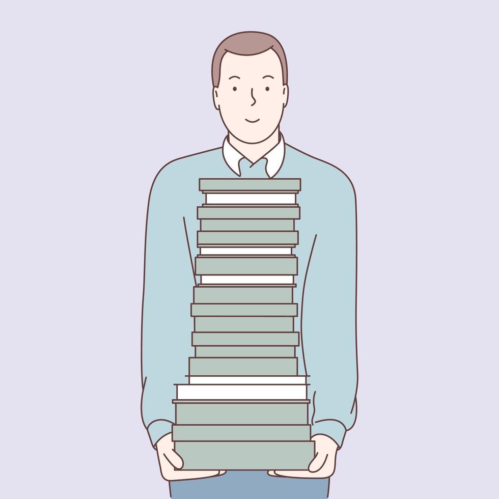 E learning or self education concept. Student with pile of books vector