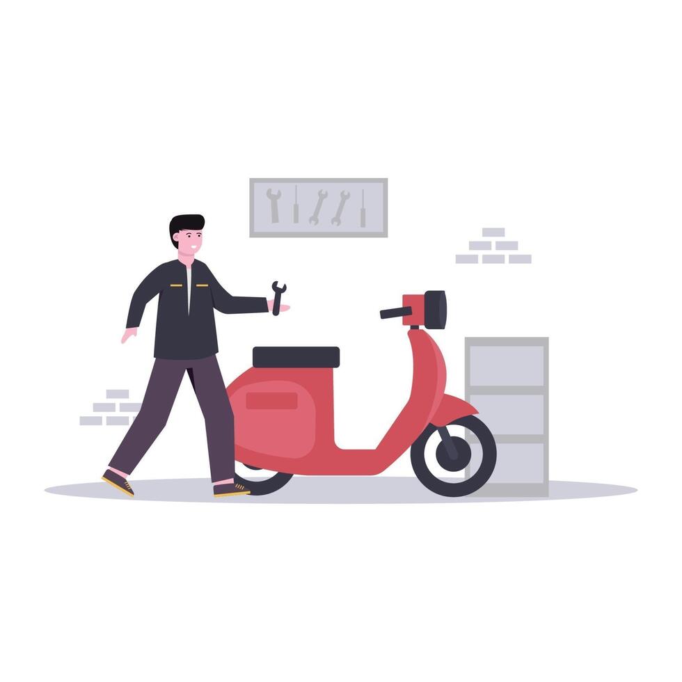 Flat vector illustration of mechanic making custom motorbikes