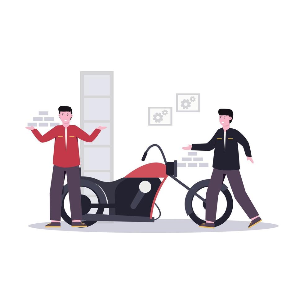 Flat vector illustration of mechanic making custom motorbikes