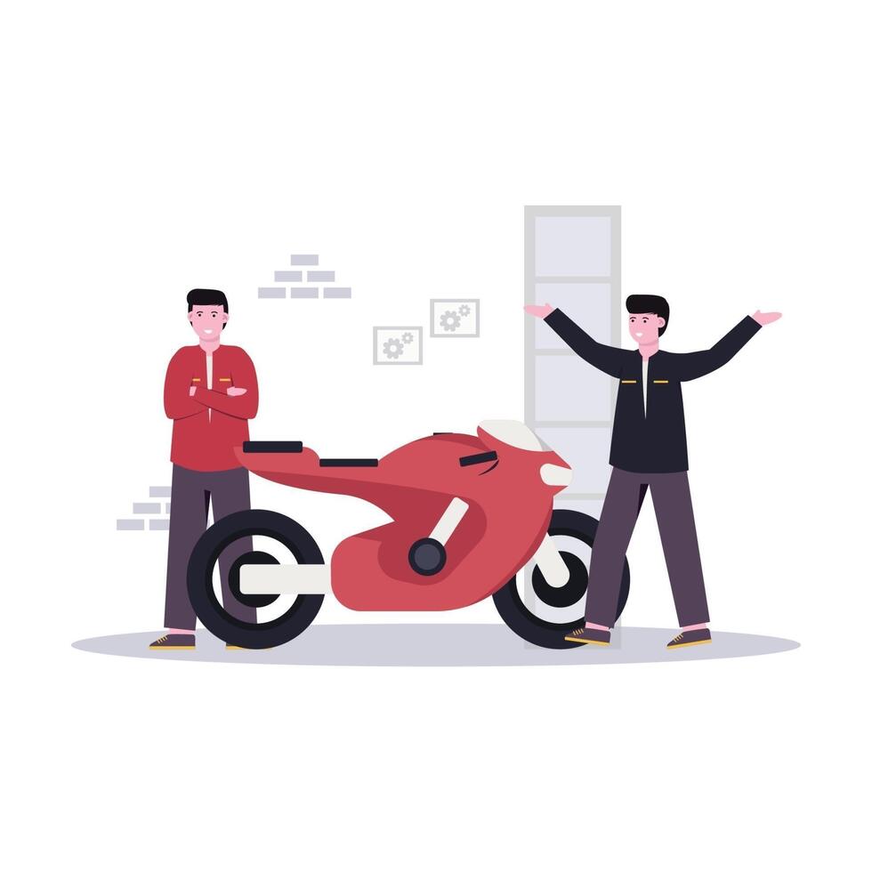 Flat vector illustration of mechanic making custom motorbikes