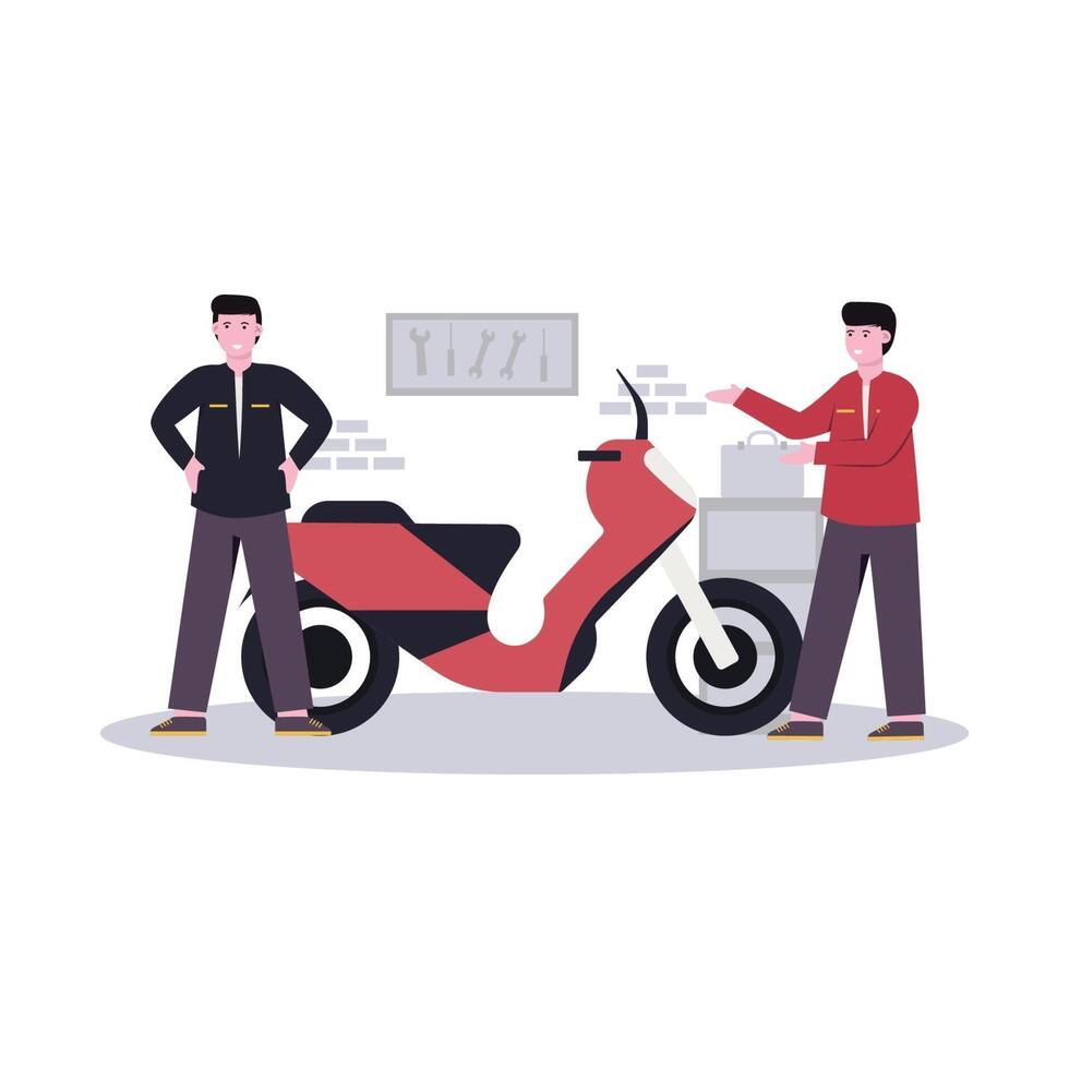 Flat vector illustration of mechanic making custom motorbikes