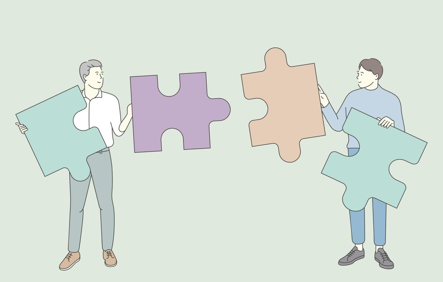 Teamwork, working together concept. Team of businessmen partners coworkers collect jigsaw puzzles finding solution together. vector