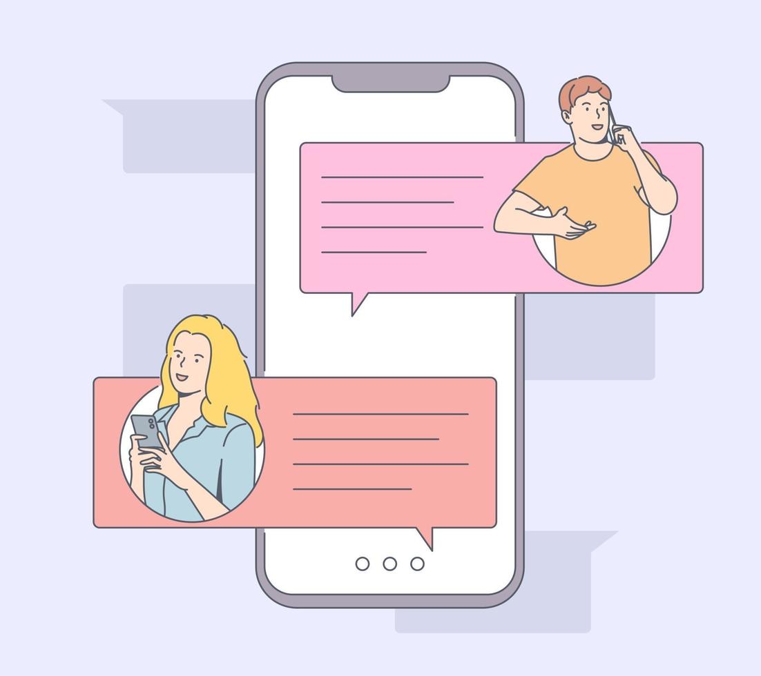 Online communication, social media or network concept. Man, woman couple chatting, Messaging using chat app or social network. vector