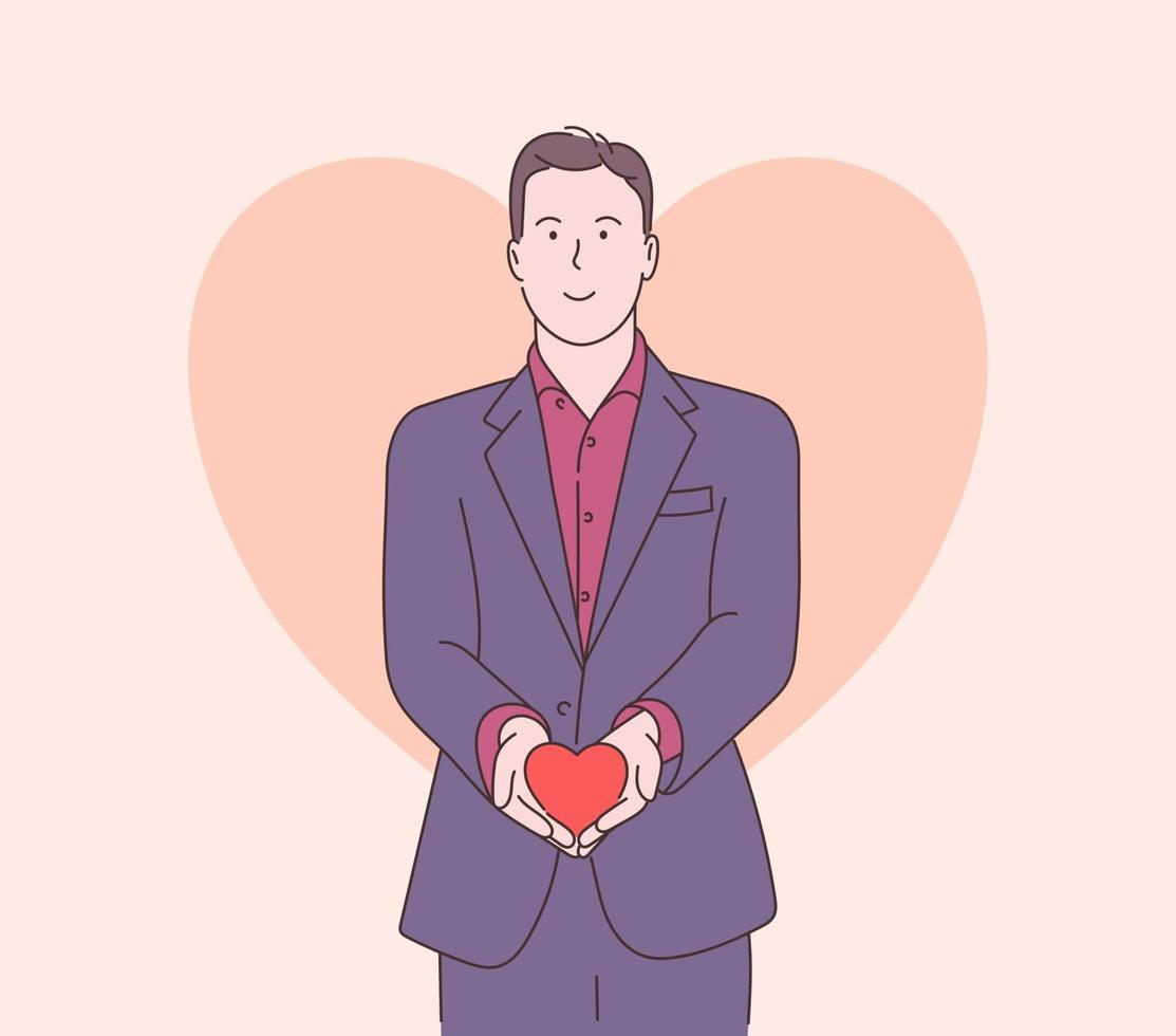 historia de amor o concepto de día de San Valentín. guapo, divertido, feliz, hombre, en, chaqueta, y, camisa roja, tenencia, rojo, grande, corazón, forma vector