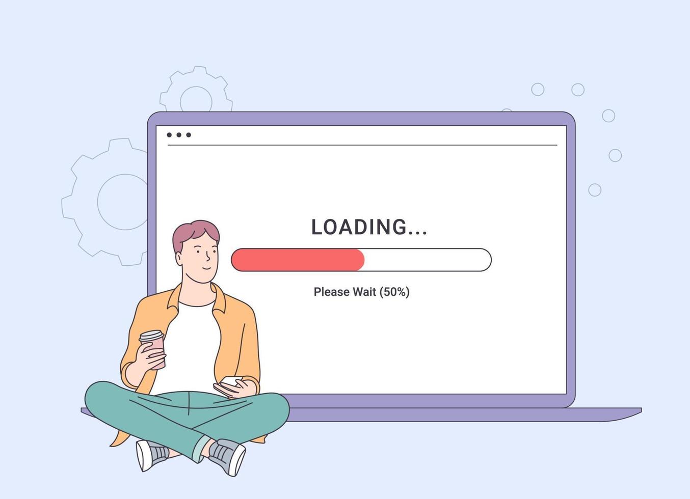 Cloud service, adding digital documents and loading concept. Young man uploads content to social networks. Male character sits with phone, big laptop on background. vector