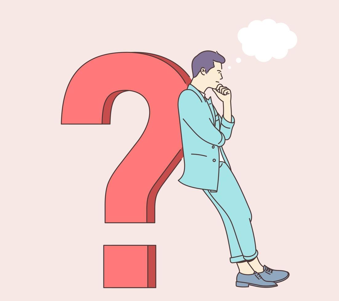 Question, brainstorm, thinking concept. The young man puzzled, confused, perplexing person, thinking about problem solution and leaned on the question mark. vector