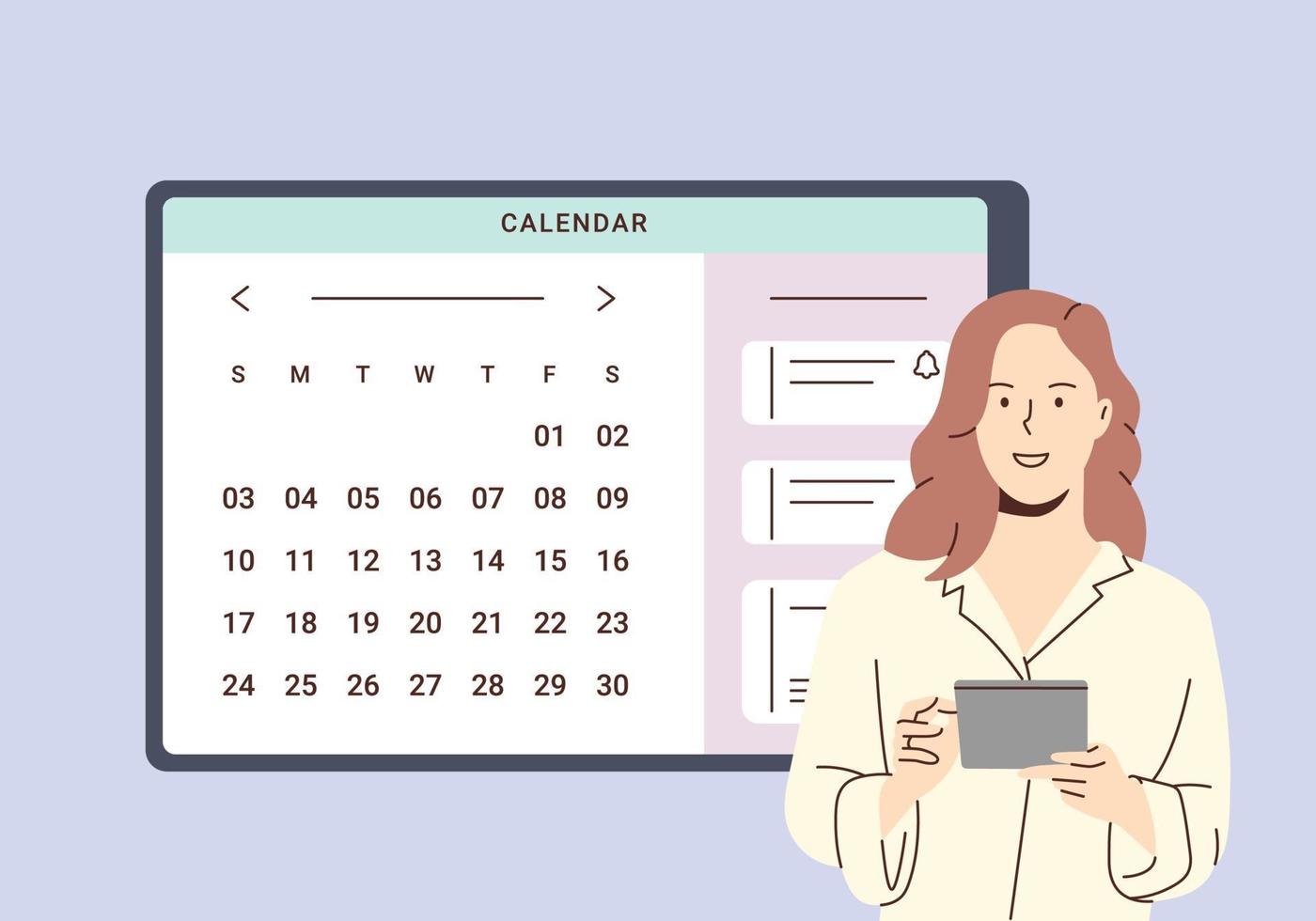 horario de planificación y concepto de calendario en línea. mujer de negocios planificación del día de la cita de programación en la aplicación de calendario. la mujer está agregando eventos, recordatorios de reuniones en la aplicación de planificación. vector