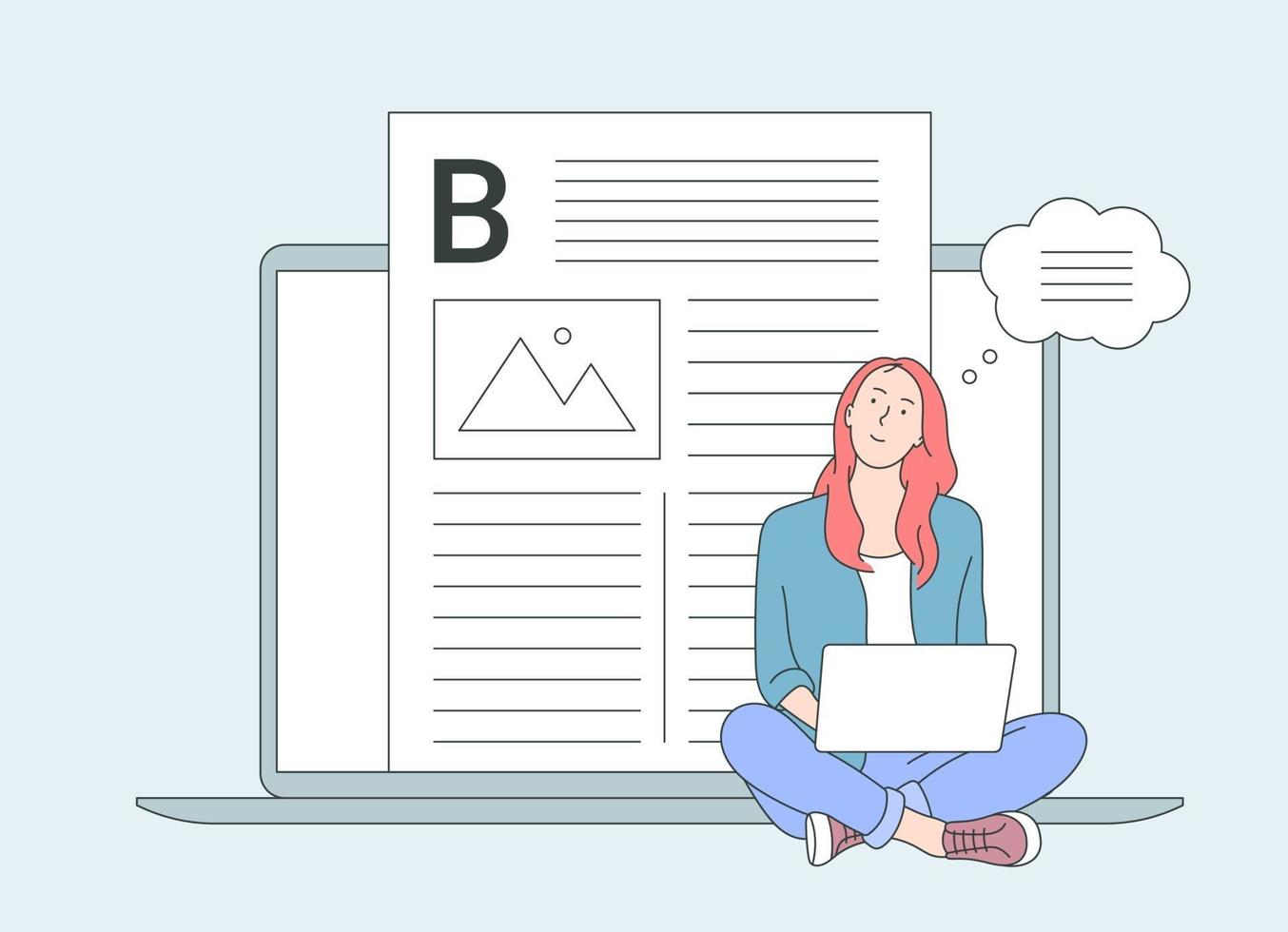 Professions, blogging, vlogging concept. Cute girl using laptop studying, browsing internet, social media, blogging. vector