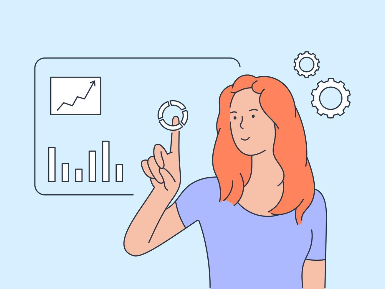 concepto de diagramas de análisis de datos visuales. joven mujer de negocios inteligente analizar datos en la pantalla de proyección. ilustración vectorial plana vector